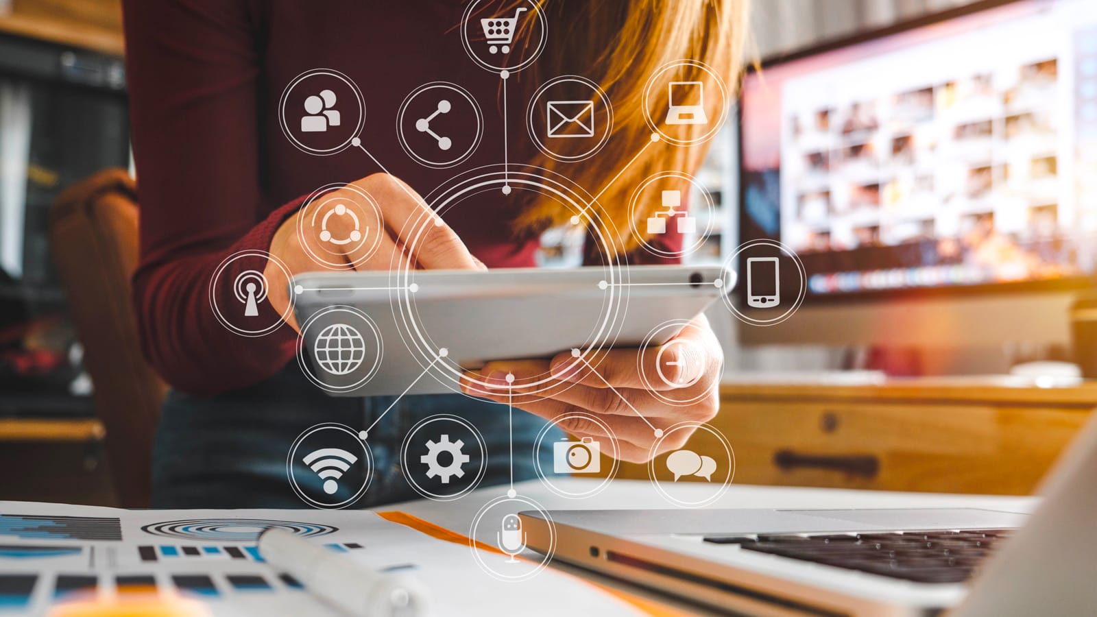 business woman hand working with laptop computer, tablet and smart phone in modern office with virtual icon diagram business woman hand working with laptop computer, tablet and smart phone in modern office with virtual icon diagram